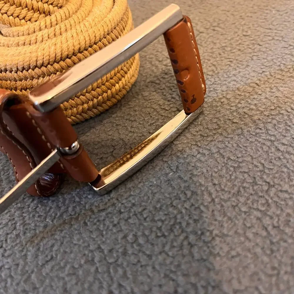 Torino Belt Mens  40-42 Tan Beige Leather Woven Braided Preppy Quiet Luxury USA